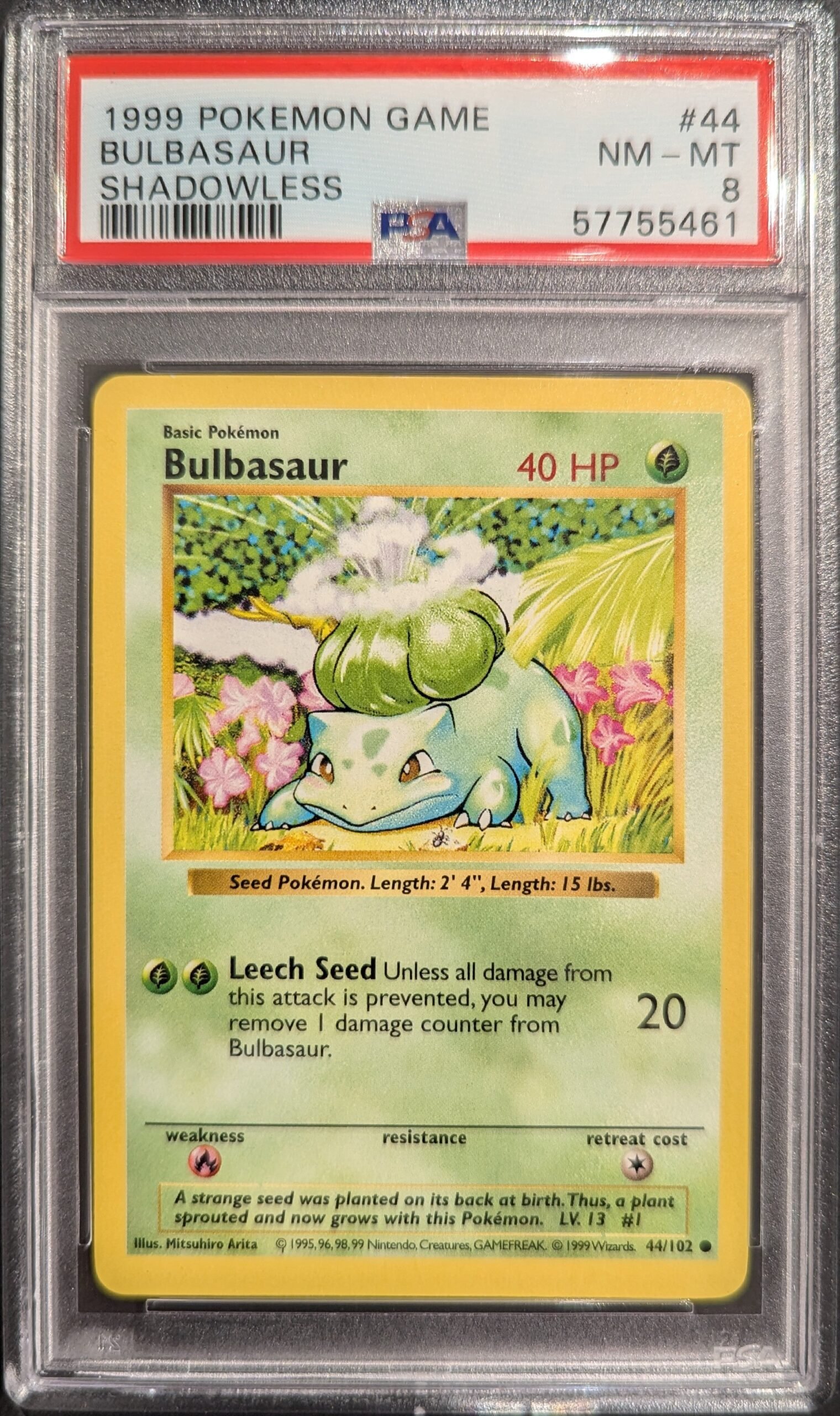 Pokemon TCG Graded Card: 1999 Bulbasaur Shadowless #44 English PSA 8 Pokemon TCG Graded Card: 1999 Bulbasaur Shadowless #44 English PSA 8