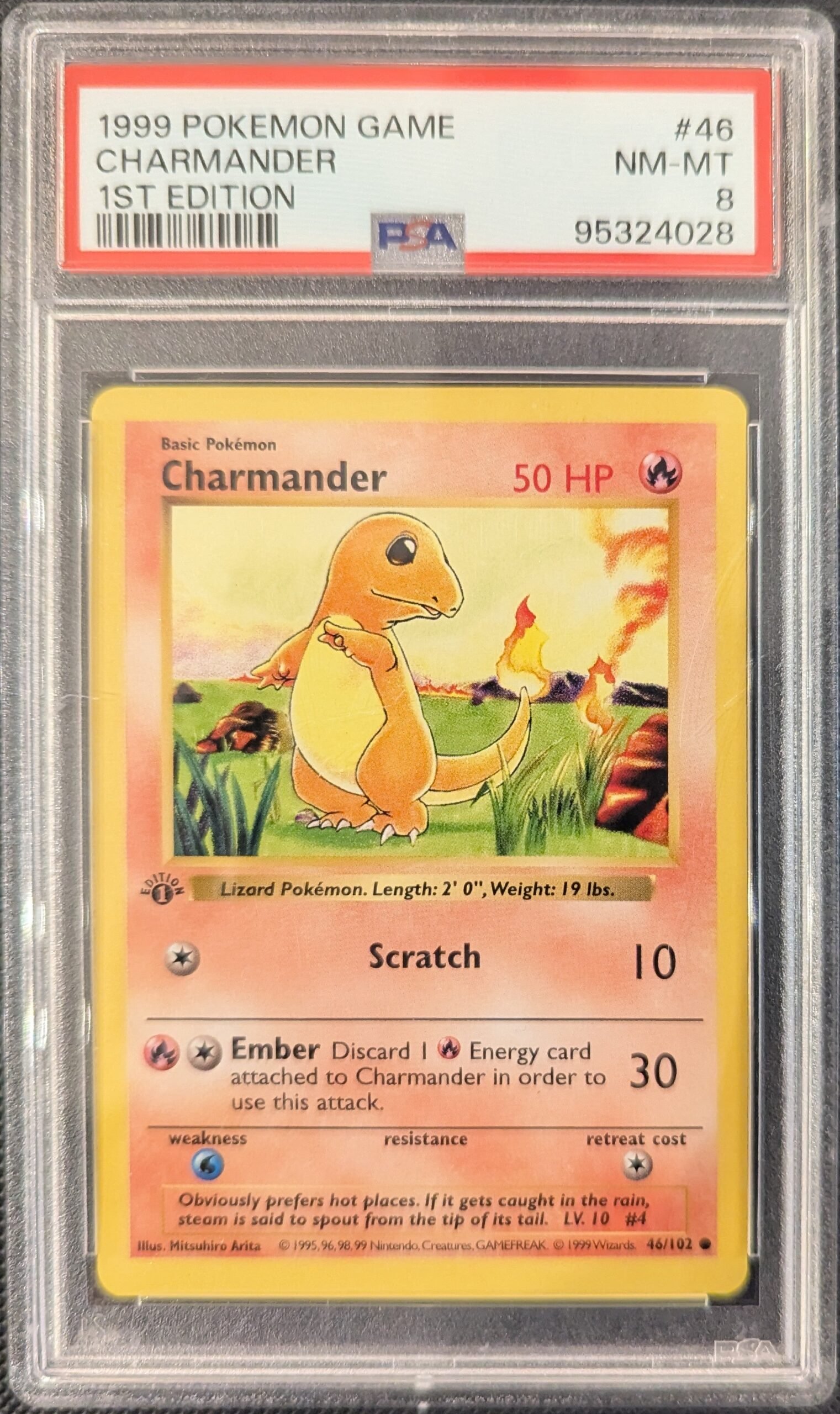 Pokemon TCG Graded Card: 1999 Charmander 1st Edition #46 English PSA 8 Pokemon TCG Graded Card: 1999 Charmander 1st Edition #46 English PSA 8