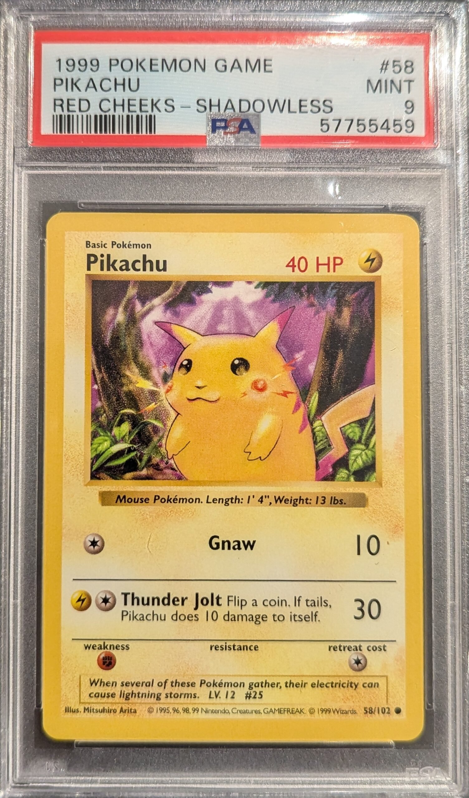 Pokemon TCG Graded Card: 1999 Pikachu Shadowless Red Cheeks #58 English PSA 9 Pokemon TCG Graded Card: 1999 Pikachu Shadowless Red Cheeks #58 English PSA 9