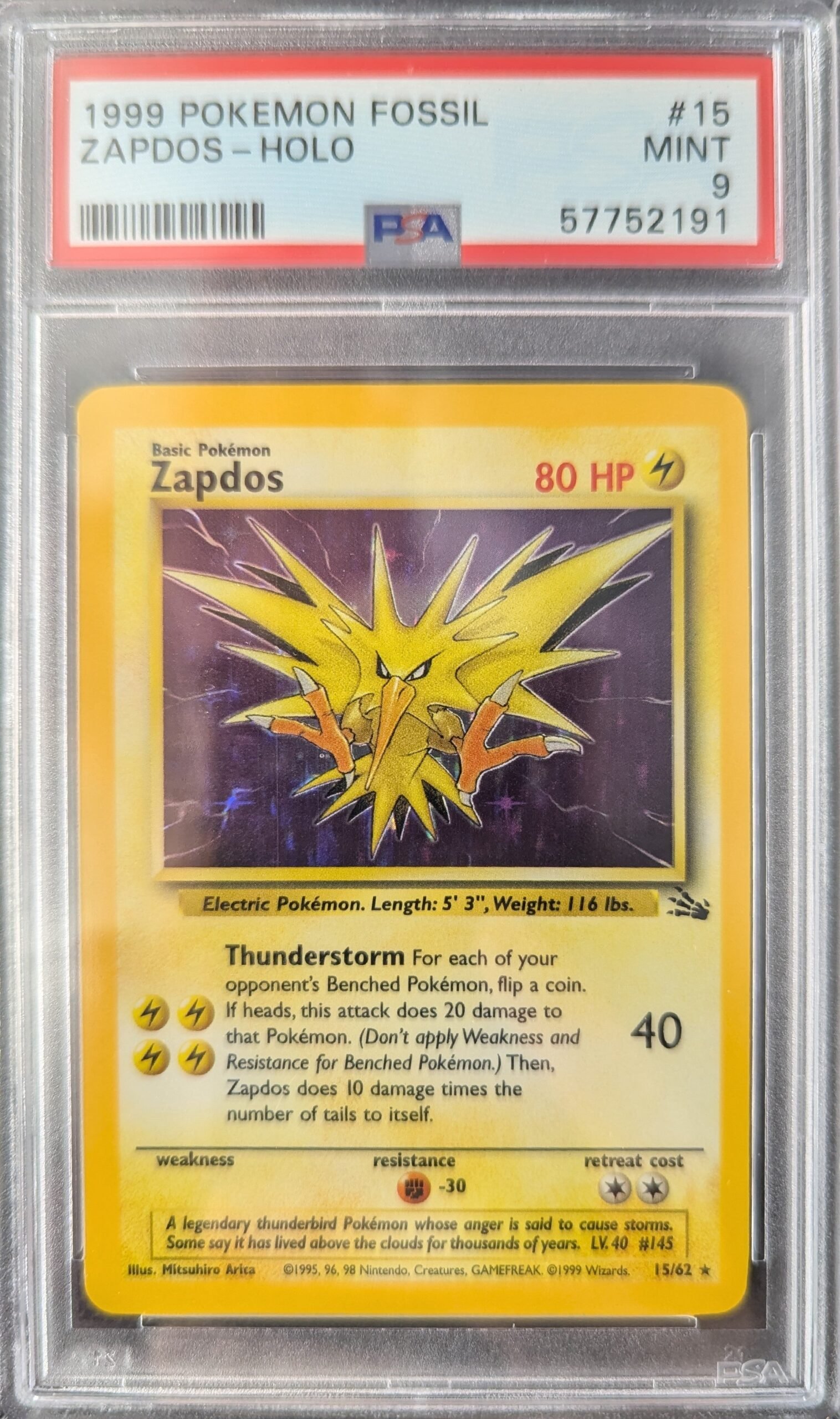 Pokemon TCG Graded Card: 1999 Zapdos #015 PSA 9 Pokemon TCG Graded Card: 1999 Zapdos #015 PSA 9
