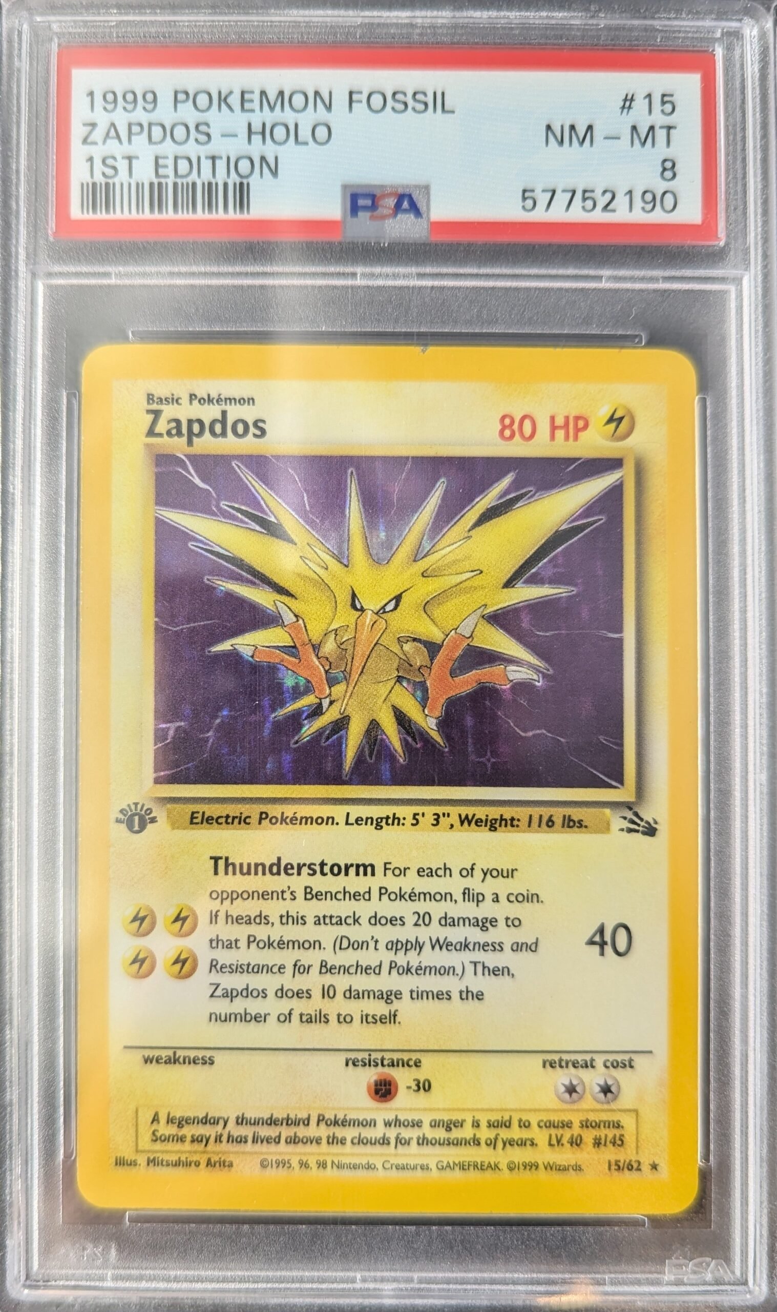 Pokemon TCG Graded Card: 1999 Zapdos (1st Edition) #015 PSA 8 Pokemon TCG Graded Card: 1999 Zapdos (1st Edition) #015 PSA 8