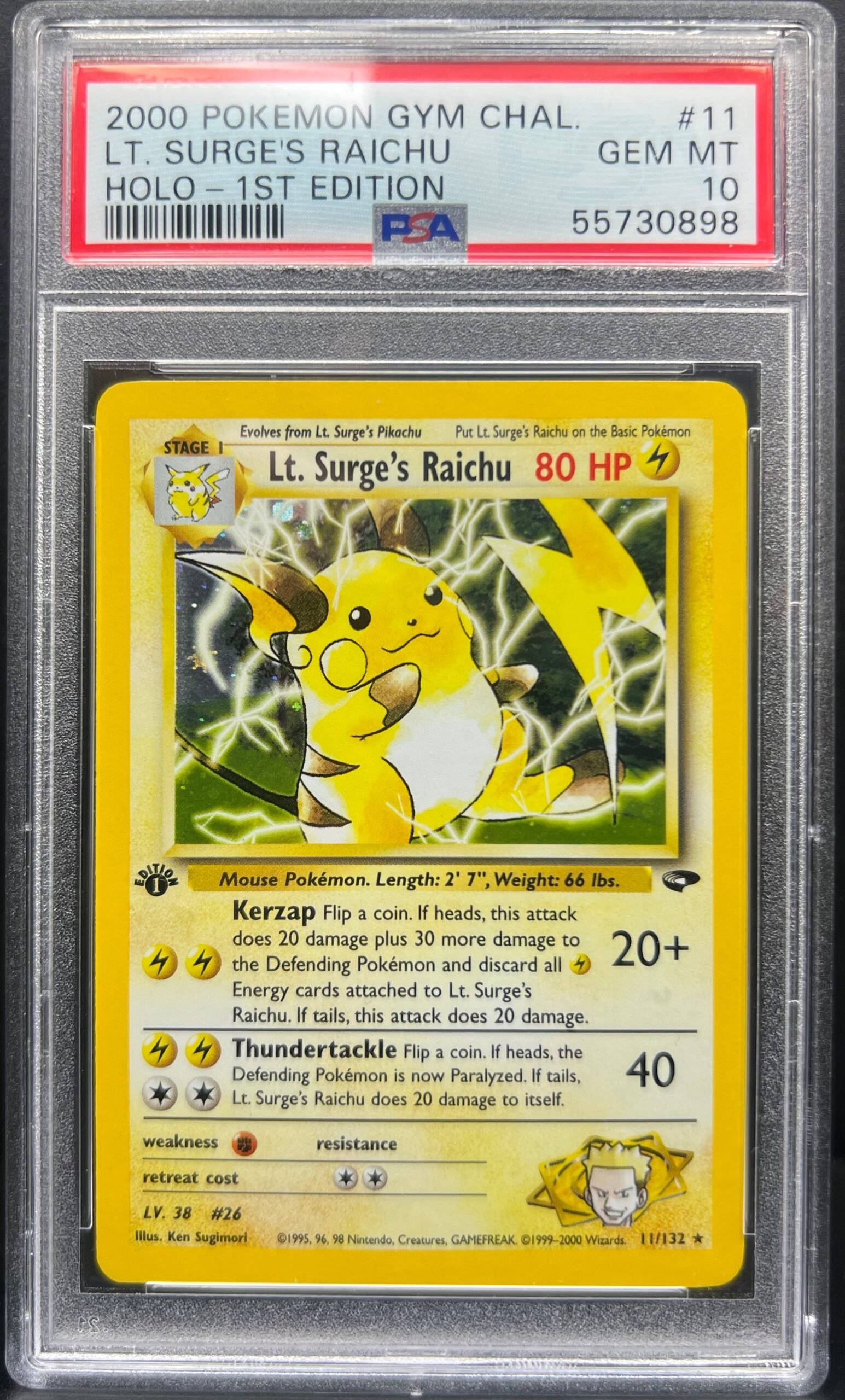 Pokemon TCG Graded Card: 2000 Lt. Surge's Raichu English #011 (1st Edition) PSA 10 Pokemon TCG Graded Card: 2000 Lt. Surge's Raichu English #011 (1st Edition) PSA 10