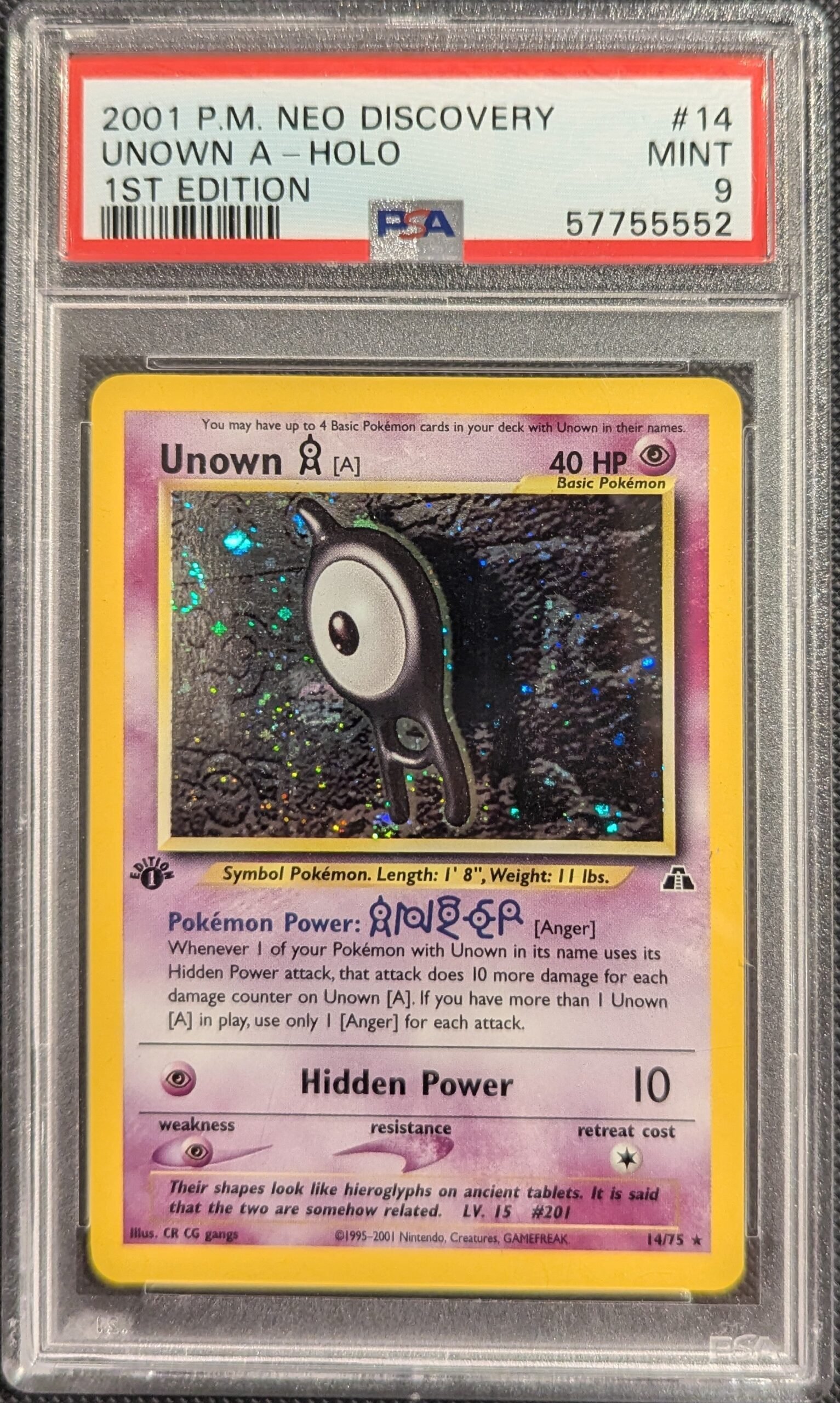 Pokemon TCG Graded Card: 2001 Unown A 1st Edition #014 English PSA 9 Pokemon TCG Graded Card: 2001 Unown A 1st Edition #014 English PSA 9
